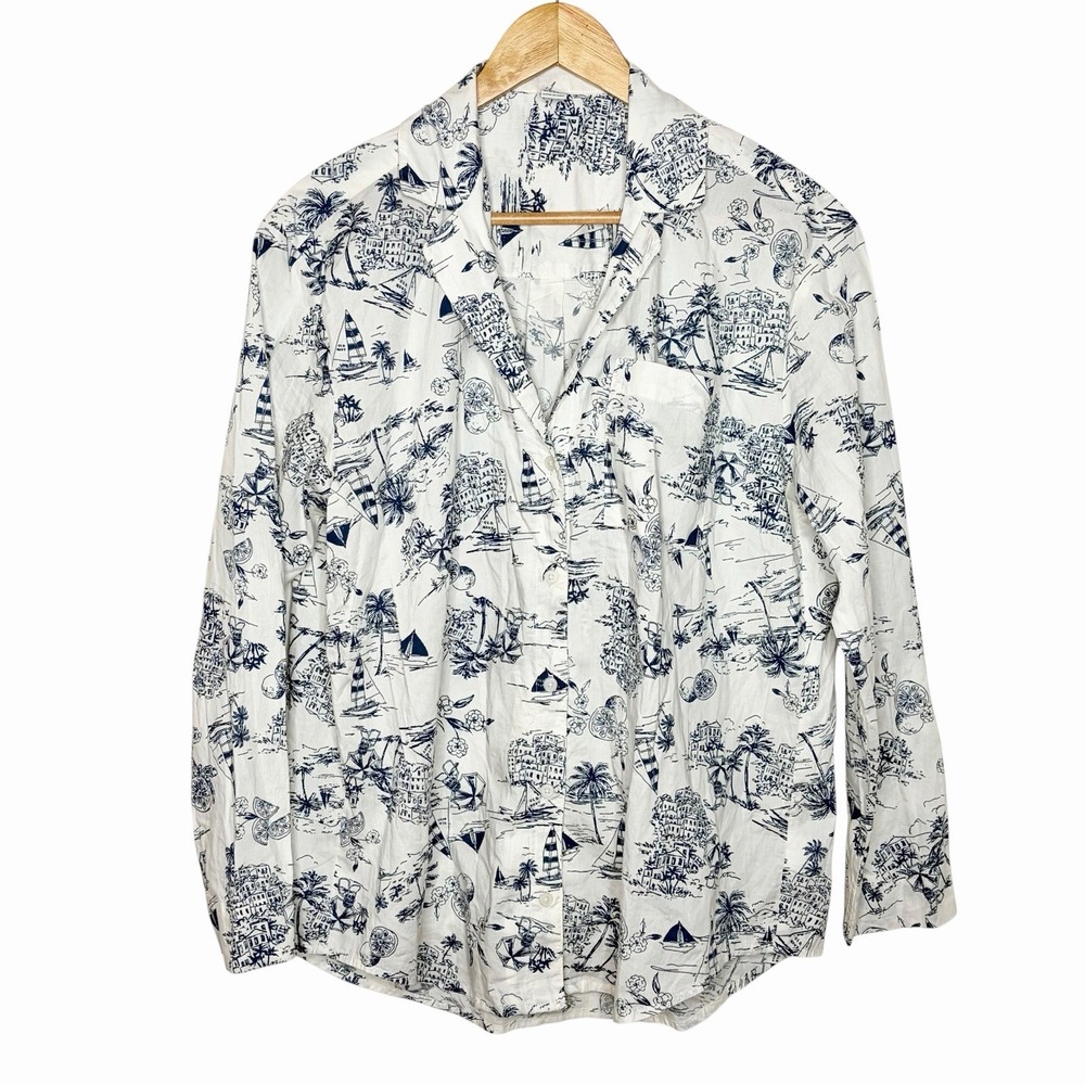 Old Navy Tropical Resort Print Top Blue White Womens Small Coastal Nautical